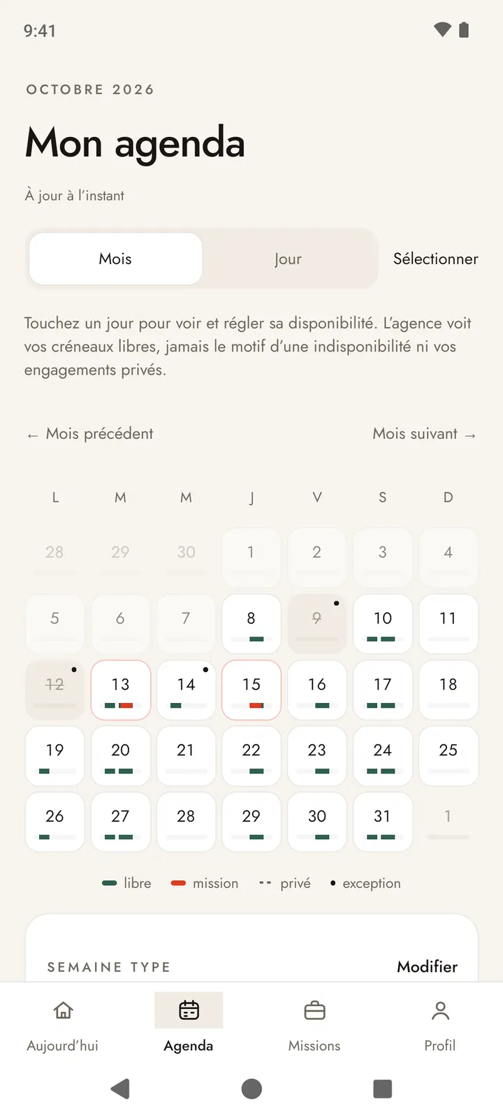 Écran Mon agenda : un calendrier du mois où les jours libres, les jours indisponibles et une mission se distinguent.