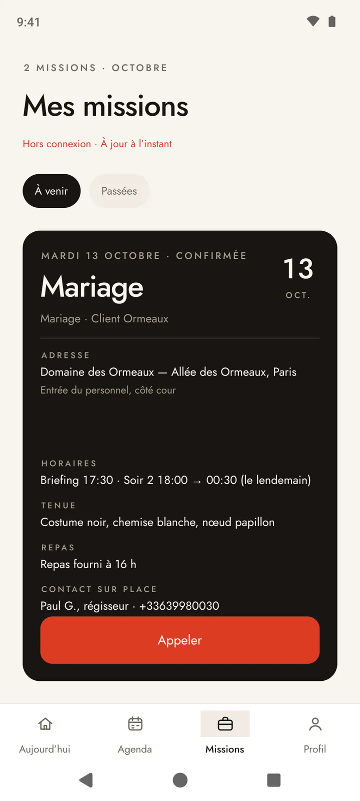 Écran Mes missions affiché hors connexion : la prochaine mission avec son adresse, ses horaires, la tenue et le contact sur place, et l’heure de la dernière mise à jour.