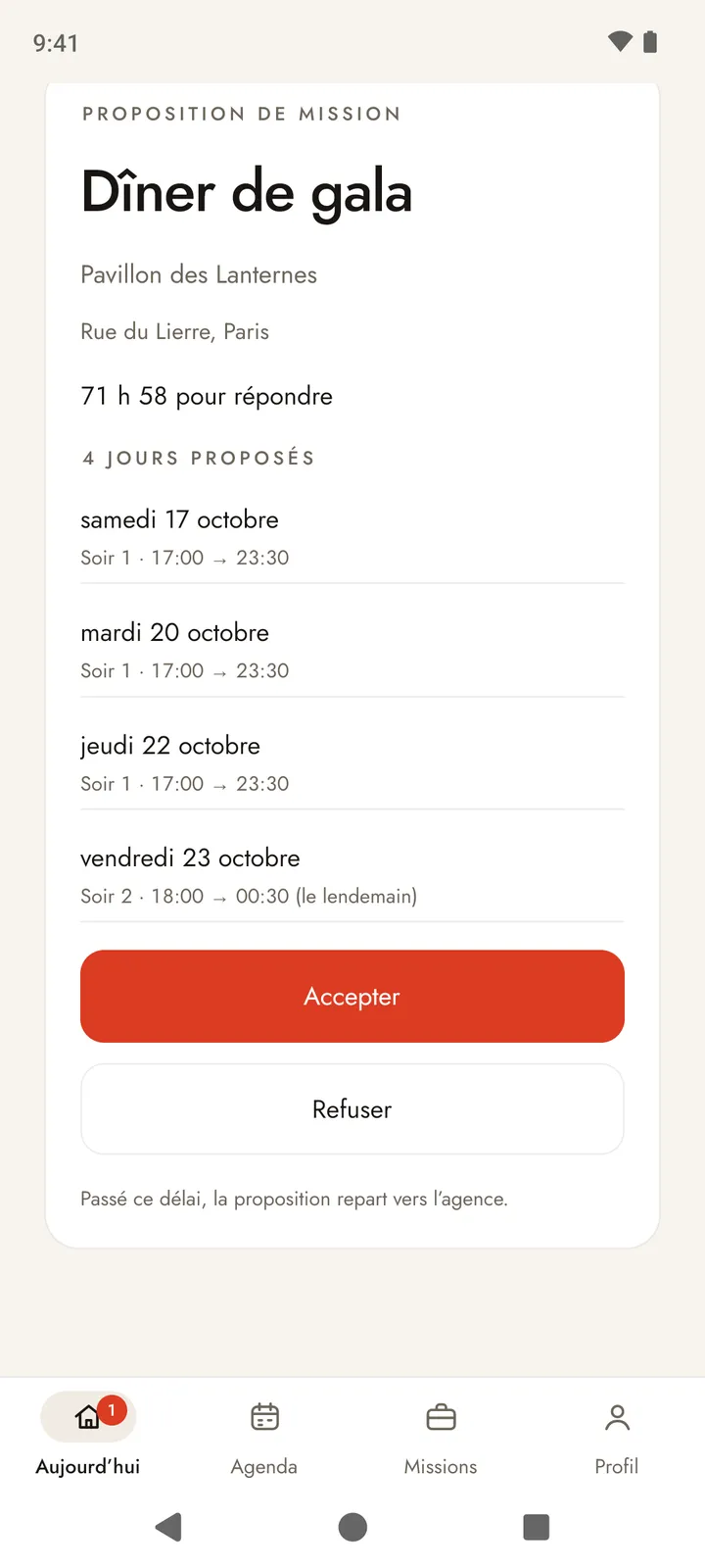 Écran d’une proposition de mission : le délai restant pour répondre, quatre jours proposés dont un service qui se termine le lendemain, et les boutons Accepter et Refuser.