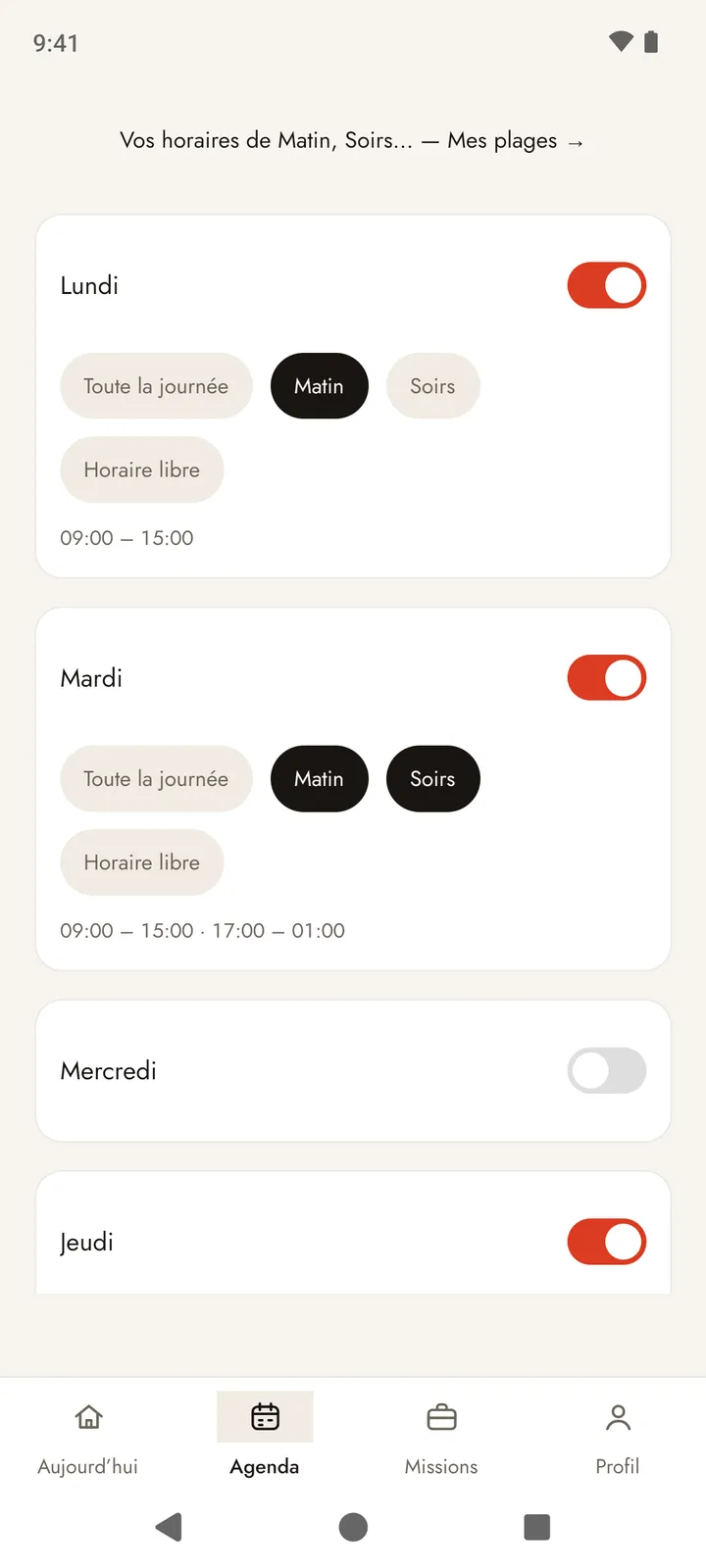 Écran Semaine type : une carte par jour, avec pour certains jours deux plages cochées, Matin et Soirs.